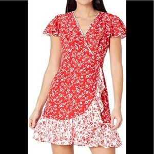 Vince Camuto Faux Wrap Fit and Flare Dress with Contrast Ruffle Hem